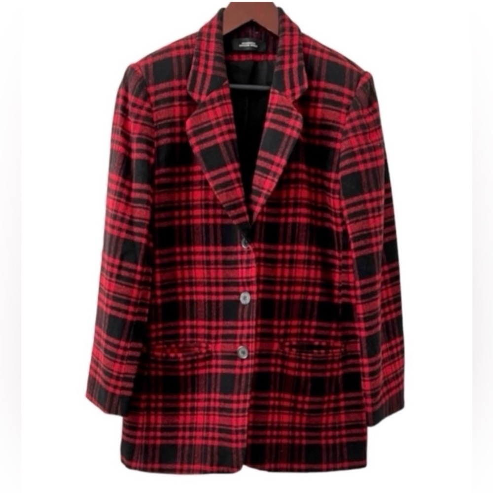 Vintage Plaid Blazer Jacket Buffalo Check Longline Red Black Oversized